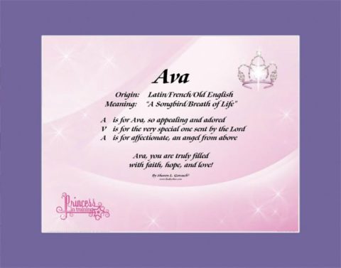 The name Ava shown on LindseyBoo Princess in training background with purple mat