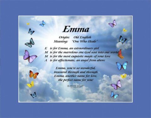 The name Emma on a Butterfly background with a blue mat